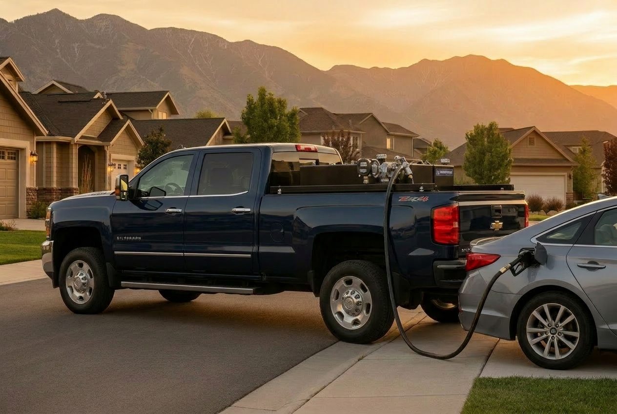 FuelAway truck refueling a car in a driveway at sunset